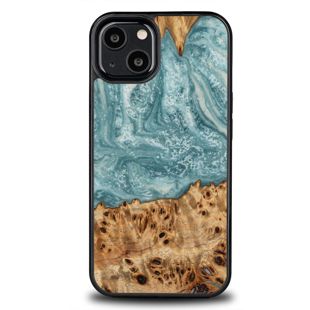 Estojo de madeira e resina para iPhone 13 Bewood Unique Uran - azul e branco