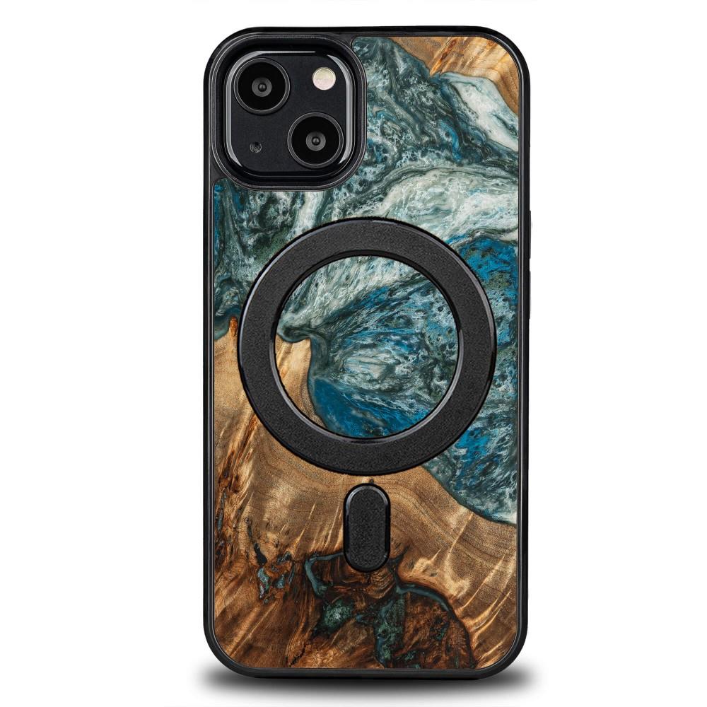 Capa para iPhone 13 MagSafe Bewood Unique Planeta Terra em madeira e resina - azul-verde
