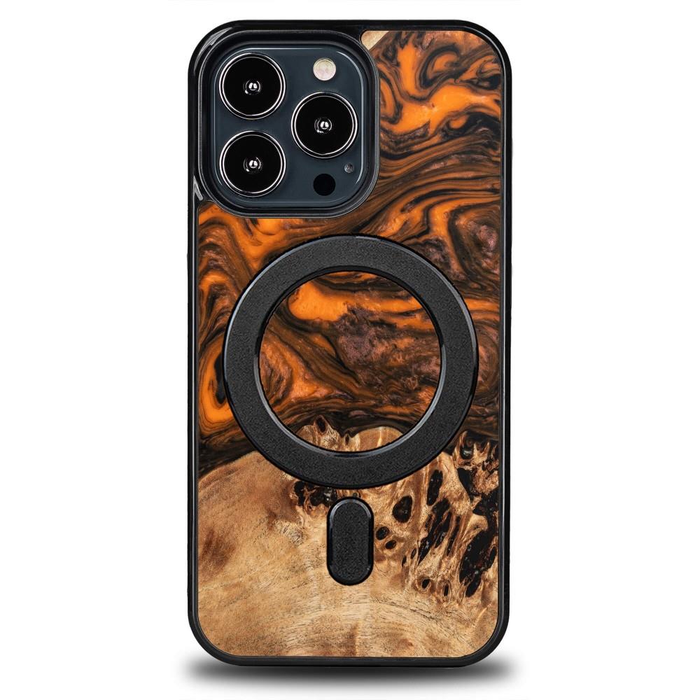 Estojo de madeira e resina para iPhone 13 Pro MagSafe Bewood Unique Orange - laranja e preto