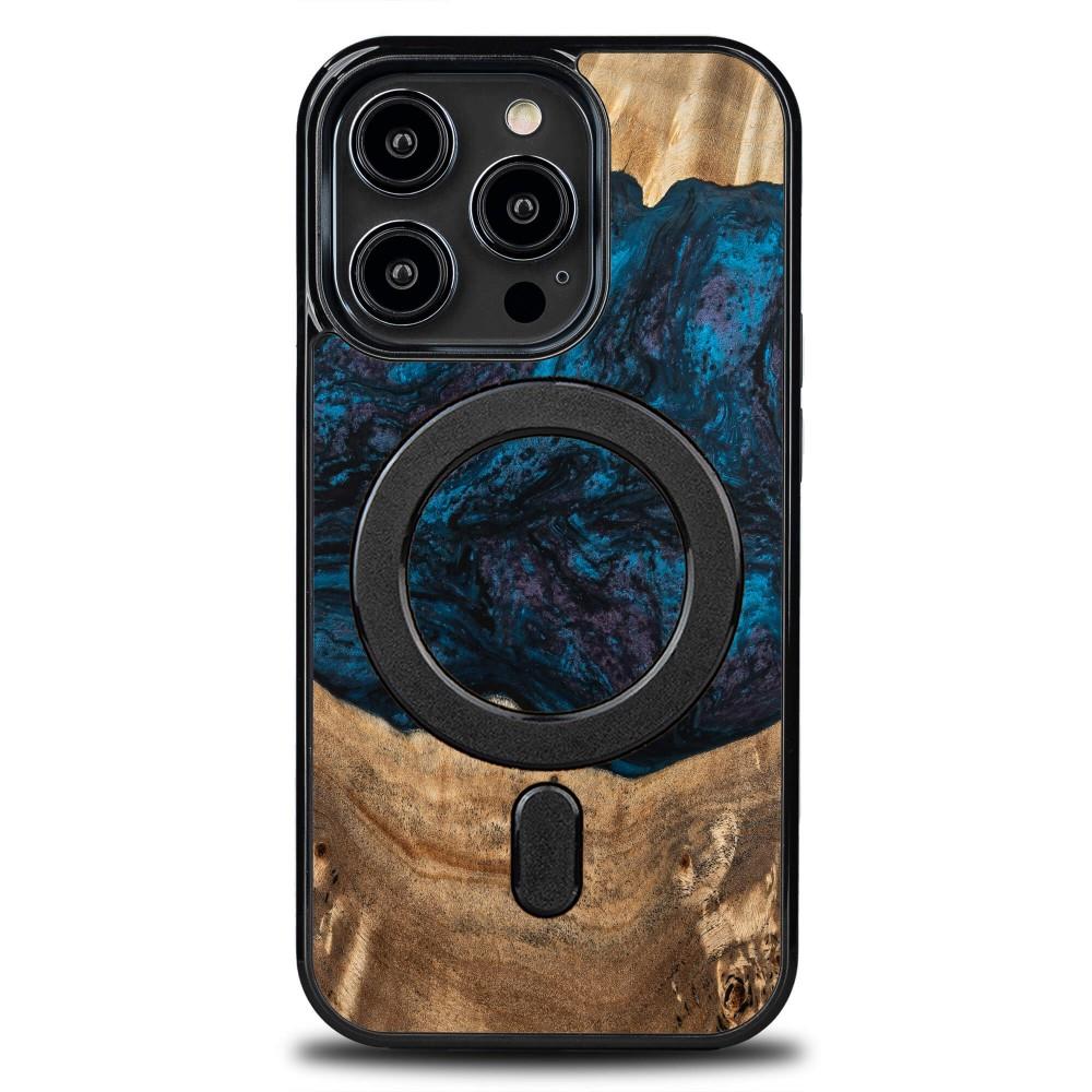 Estojo de madeira e resina para iPhone 14 Pro MagSafe Bewood Unique Neptun - azul-marinho e preto