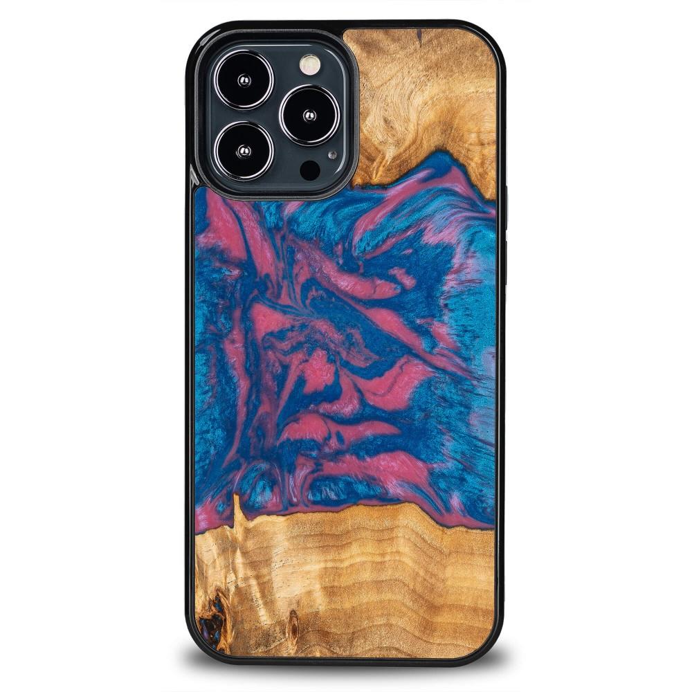Estojo de madeira e resina para iPhone 13 Pro Max Bewood Unique Vegas - rosa e azul