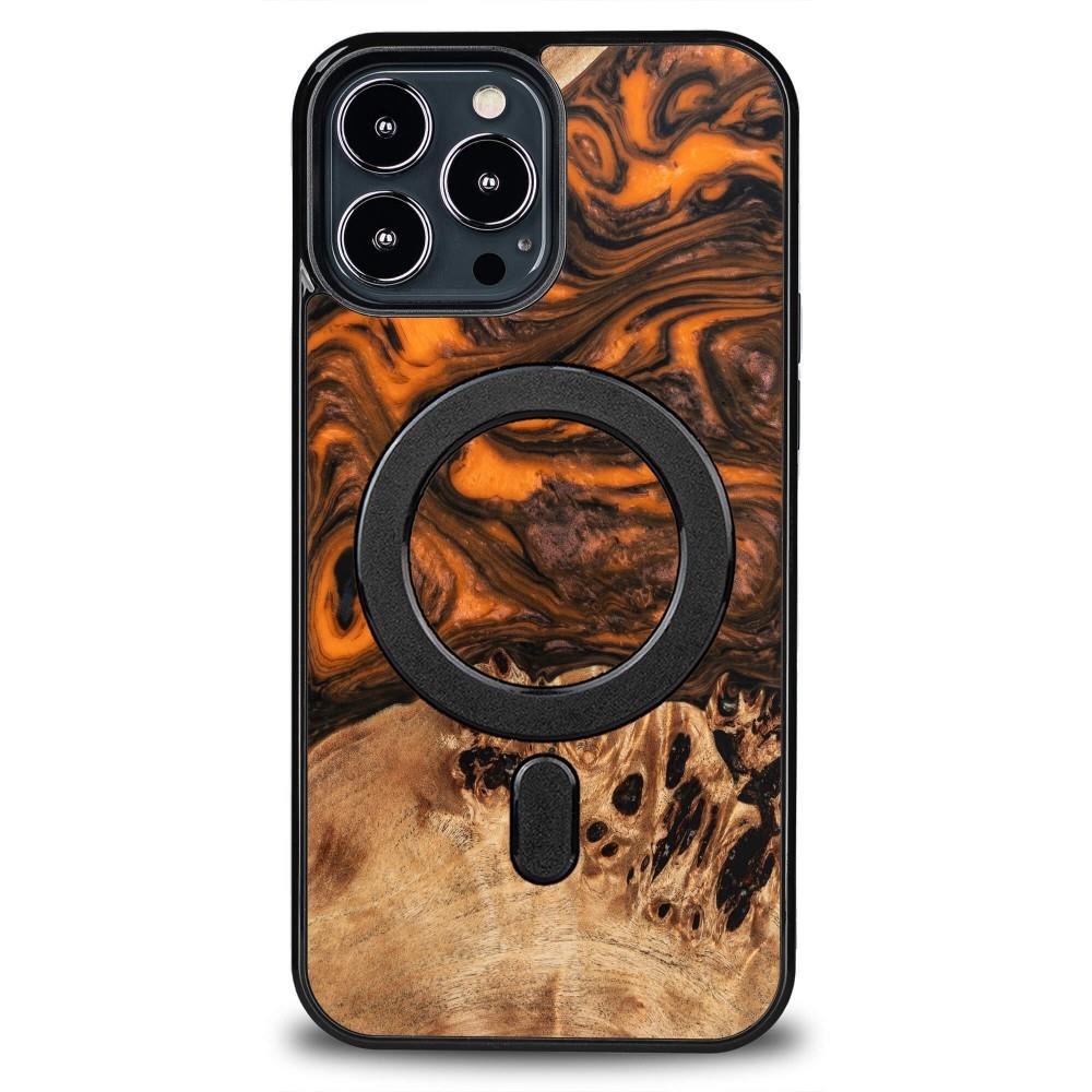 Estojo de madeira e resina para iPhone 13 Pro Max MagSafe Bewood Unique Orange - laranja e preto