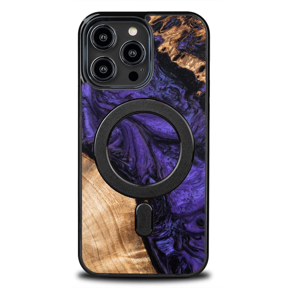 Estojo de madeira e resina para iPhone 14 Pro Max MagSafe Bewood Unique Violet - roxo e preto