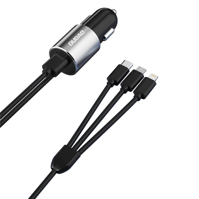 Carregador de carro Dudao 3 em 1 USB 3,4 A com cabo Lightning / USB Tipo C / micro USB preto (R5ProN preto)