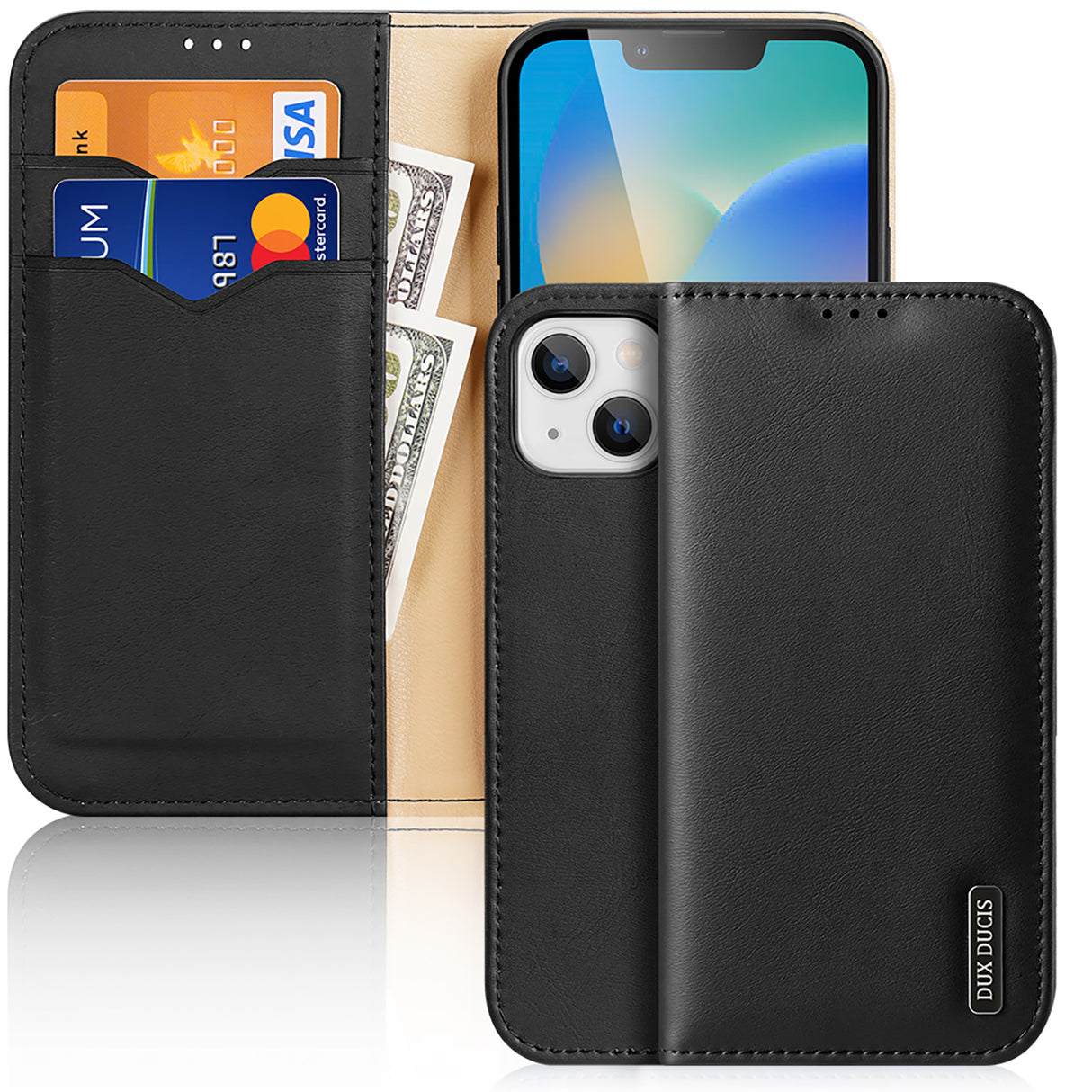 Capa de couro Dux Ducis Hivo com aba, capa de couro natural, carteira para cartões e documentos para iPhone 14 Plus, na cor preta