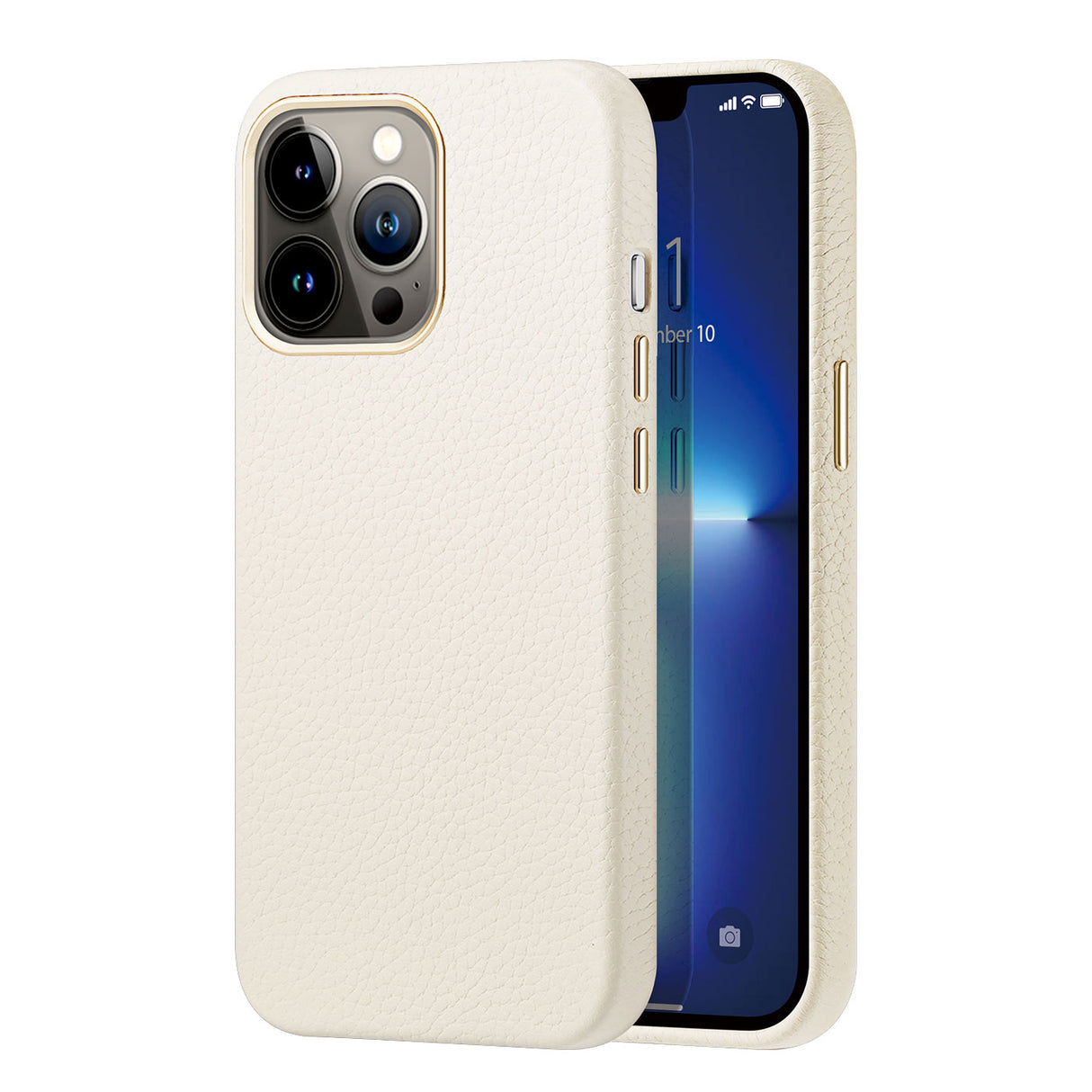 Capa de couro elegante Dux Ducis Roma para iPhone 13 Pro, em couro natural branco.