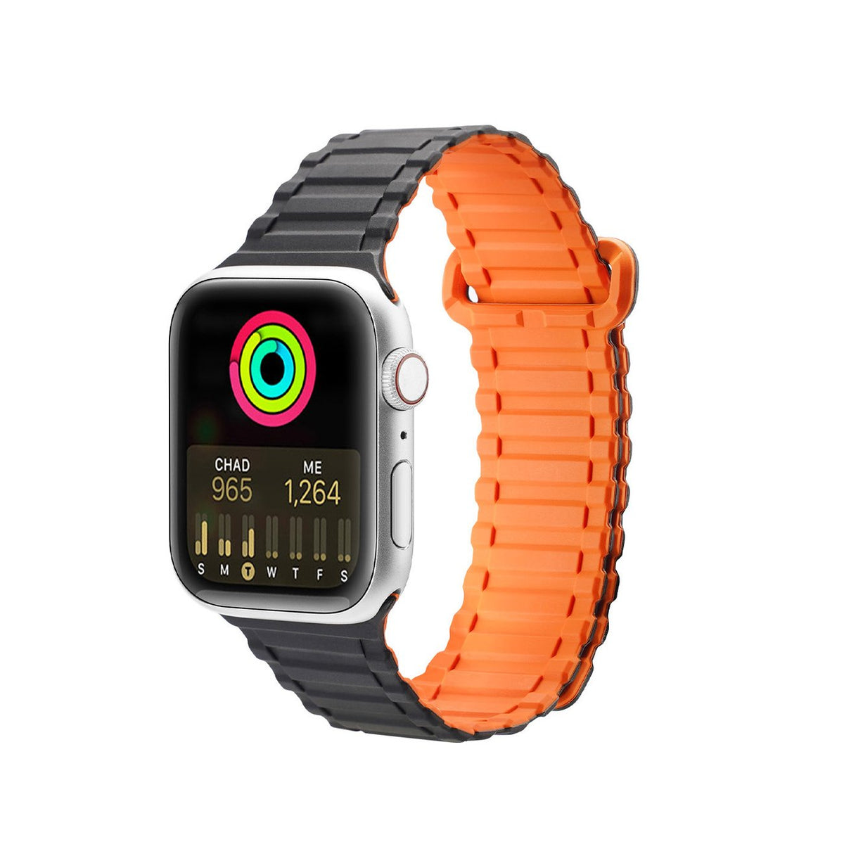Pulseira Dux Ducis Strap (Versão Armor) para Apple Watch Ultra, SE, 9, 8, 7, 6, 5, 4, 3, 2, 1 (49, 45, 44, 42 mm) de silicone magnética na cor preto-laranja.