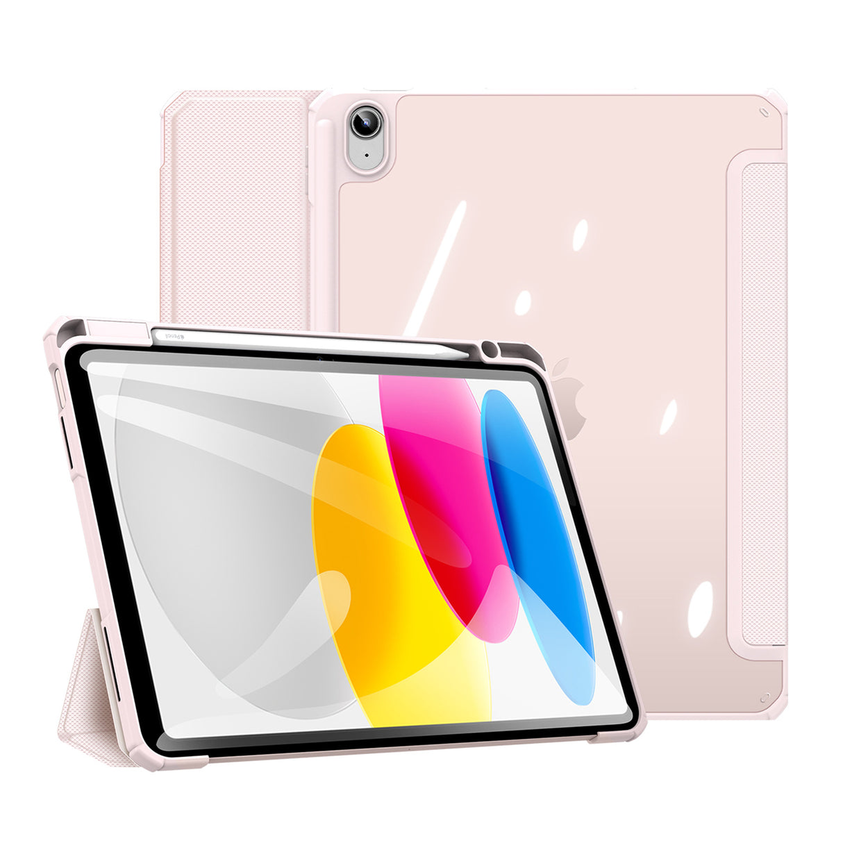 Capa Dux Ducis Toby para iPad 10.9'' 2022 (10ª geração) com espaço para Apple Pencil, smart cover e suporte na cor rosa.