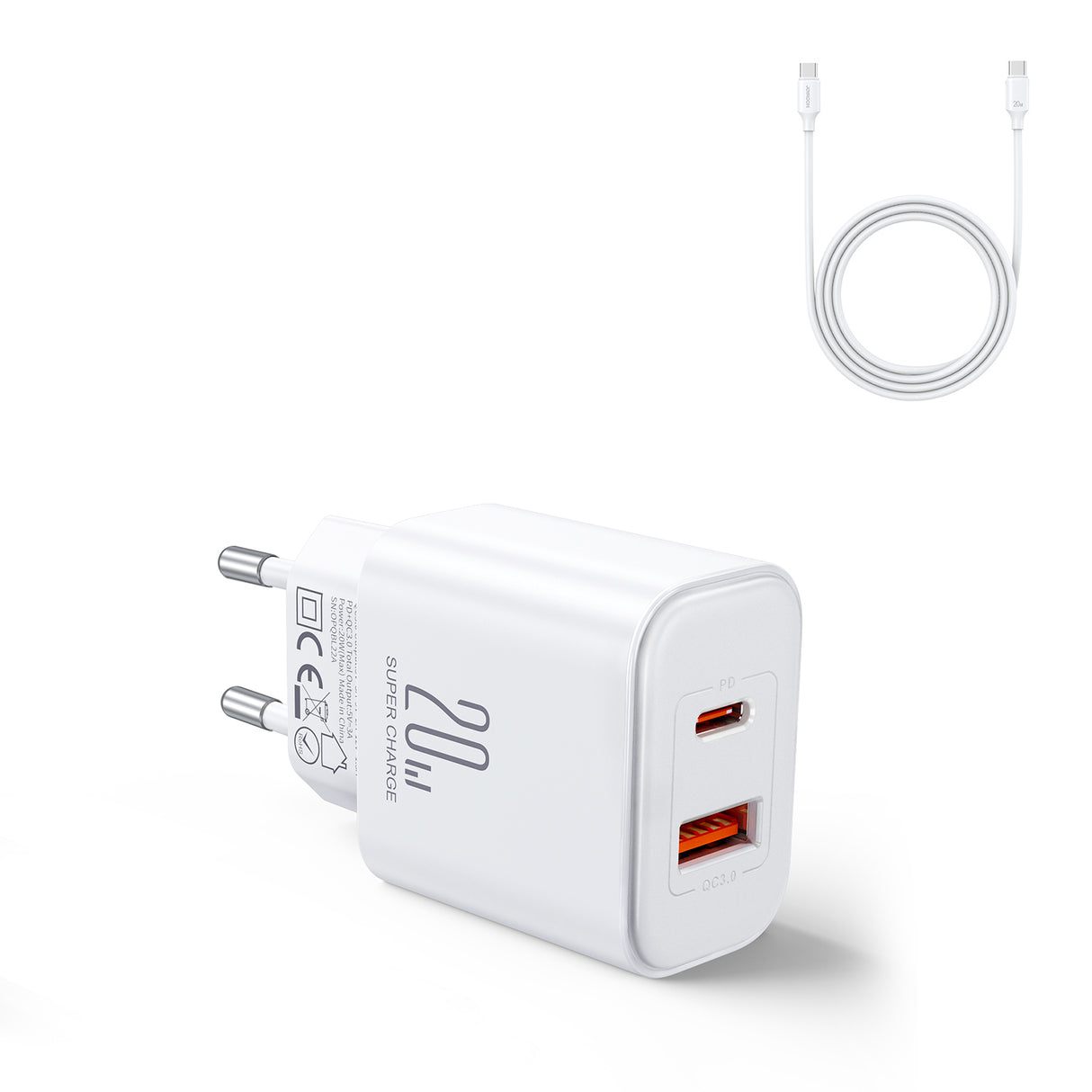 Carregador EU Joyroom JR-TCF05 20W USB-A USB-C + cabo USB-C - branco