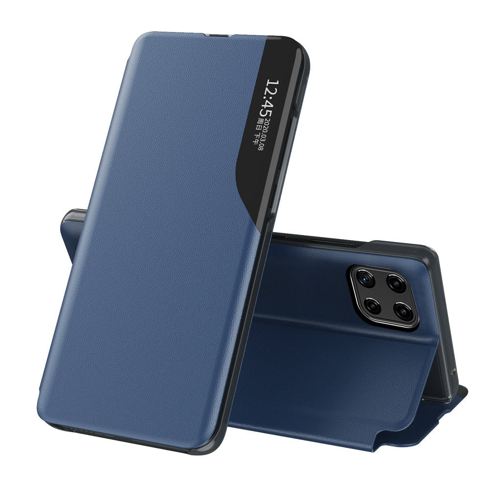 Caso de Visualização de Couro Ecológico elegante capa com aba e função de suporte para Samsung Galaxy A22 4G azul