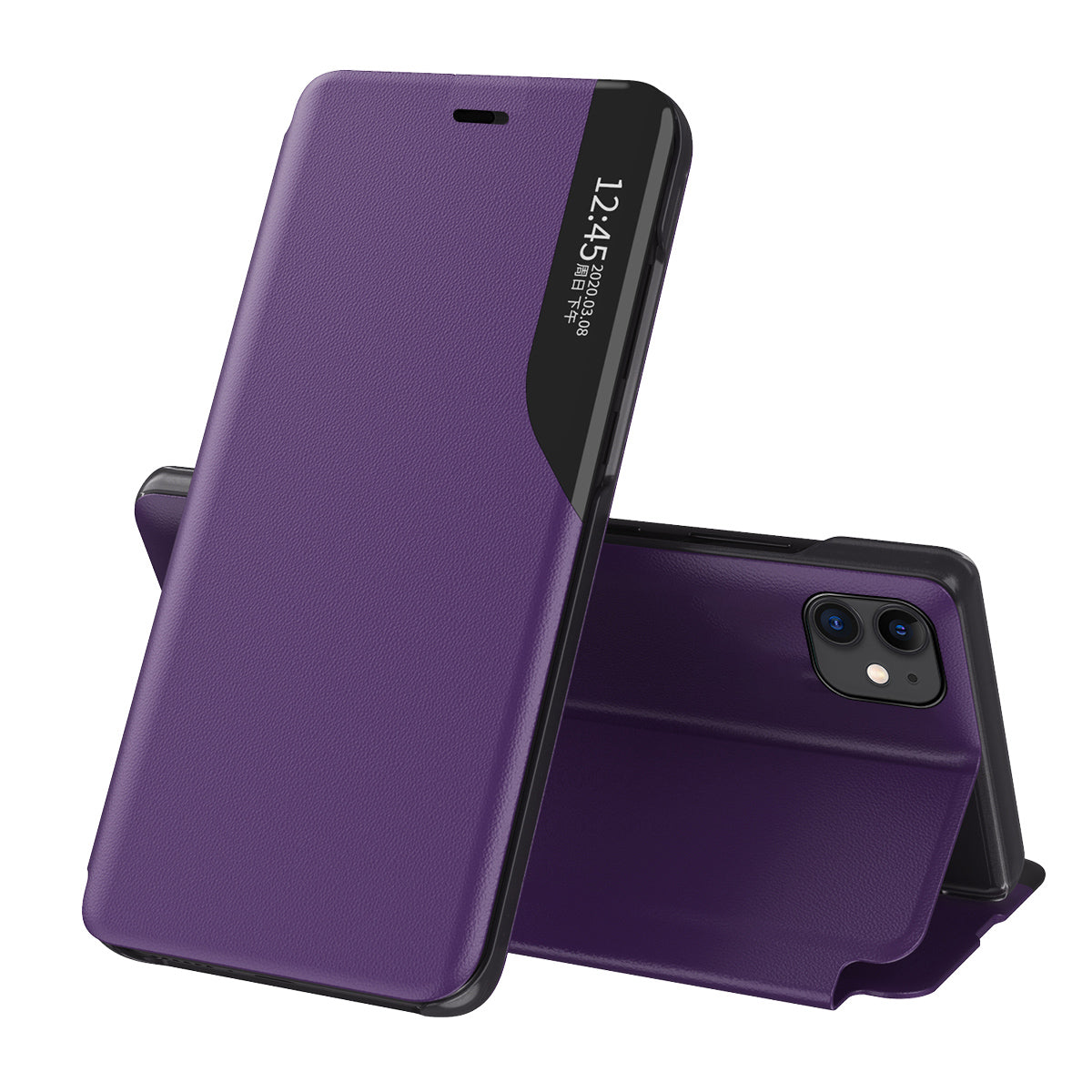Capa Eco Leather View elegante com aba e função de suporte para iPhone 13 mini na cor violeta.