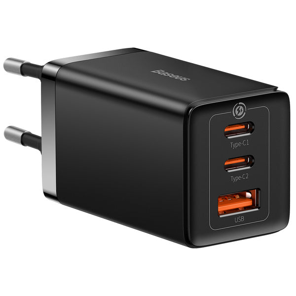 Carregador rápido de rede GaN com 2xUSB C e 1xUSB 65W Baseus GaN5 Pro + cabo USB C - USB C 100W - preto