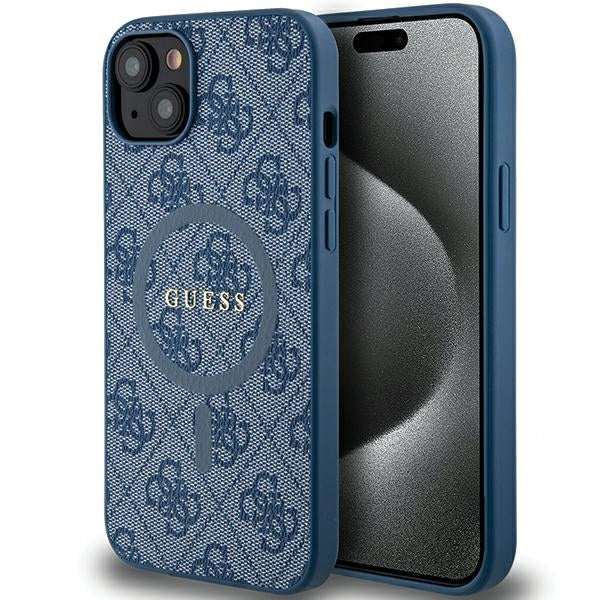 Capa Guess 4G Collection Leather Metal Logo MagSafe para iPhone 15 Plus / 14 Plus - azul