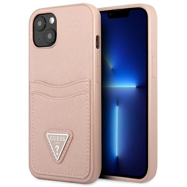 Capa Guess Saffiano Triangle Logo com porta-cartões para iPhone 13 - rosa