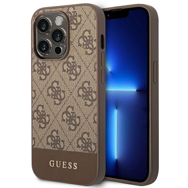 Capa rígida castanho para iPhone 14 Pro 6,1" Guess GUHCP14LG4GLBR da coleção 4G Stripe.