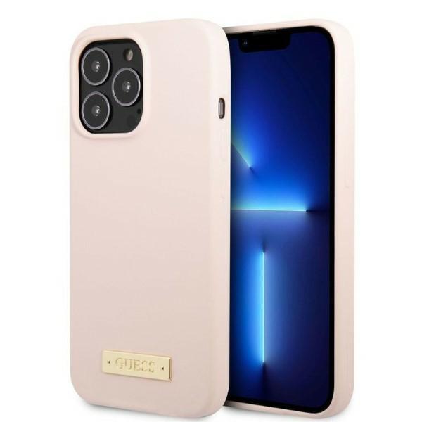 Capa Guess Silicone Logo Plate MagSafe para iPhone 13 Pro / iPhone 13 - rosa