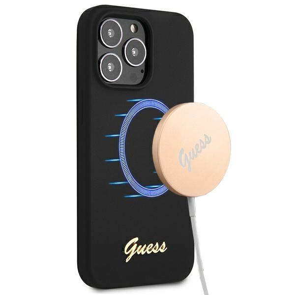 Capa Guess Silicone Script com Logo Dourado e MagSafe para iPhone 13 Pro Max - preta