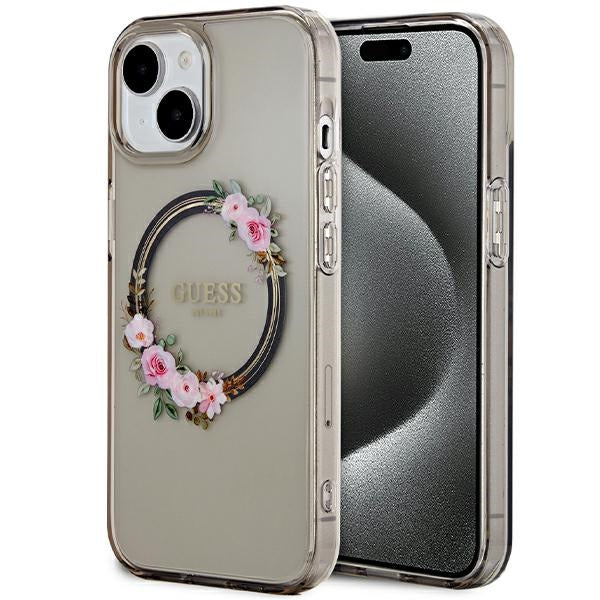 Capa Guess IML Flowers Wreath MagSafe para iPhone 15 / 14 / 13 - preta