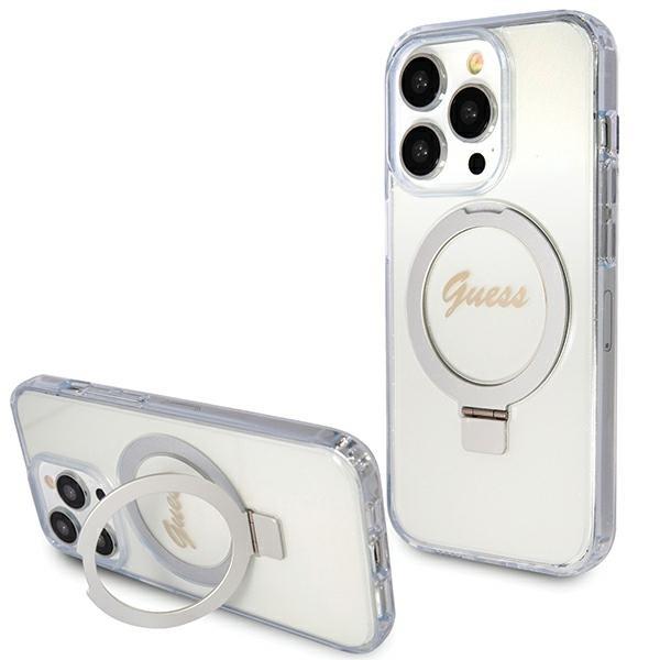 Capa Guess Ring Stand Script Glitter MagSafe para iPhone 15 Pro Max - transparente