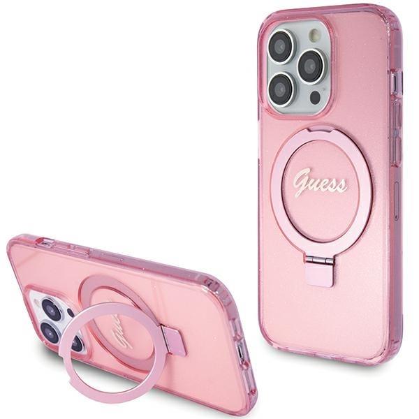 Capa Guess Ring Stand Script Glitter MagSafe para iPhone 15 Pro - rosa
