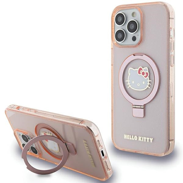 Capa Hello Kitty com Suporte para Anel Glitter Electrop Logo MagSafe para iPhone 15 Pro Max - rosa