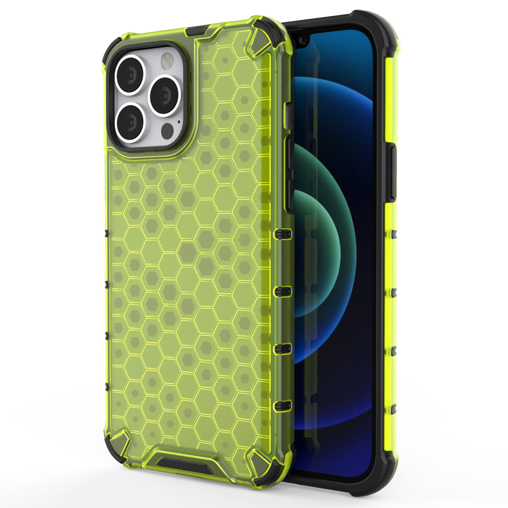 Capa protetora Honeycomb com moldura de gel para iPhone 13 Pro Max verde.