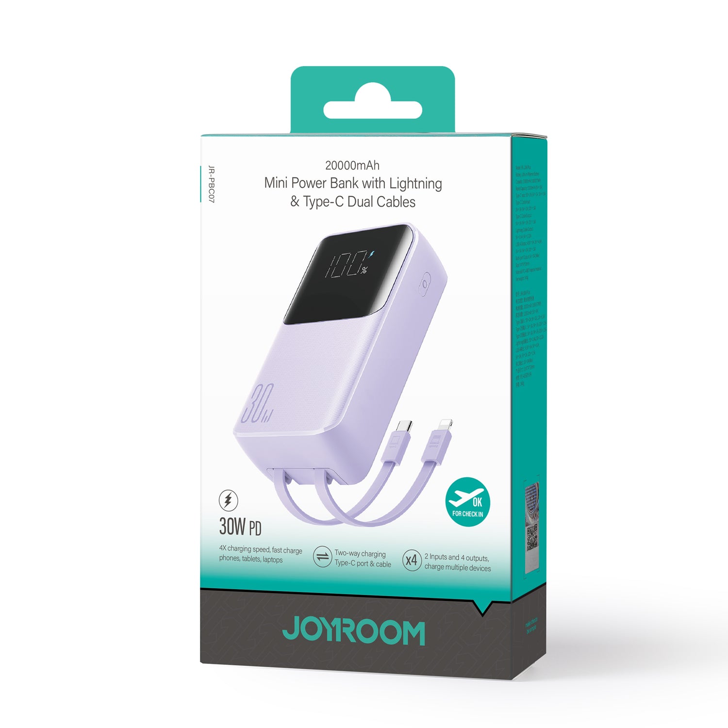 Mini powerbank Joyroom JR-PBC07 20000mAh 30W com cabos USB-C e Lightning - roxo
