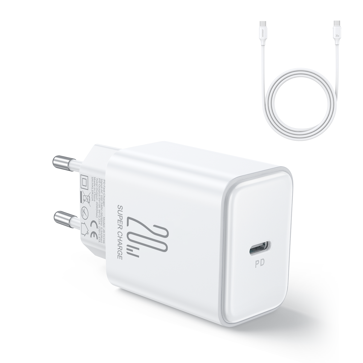 Carregador de rede Joyroom JR-TCF06 USB-C PD 20W + cabo USB-C - branco