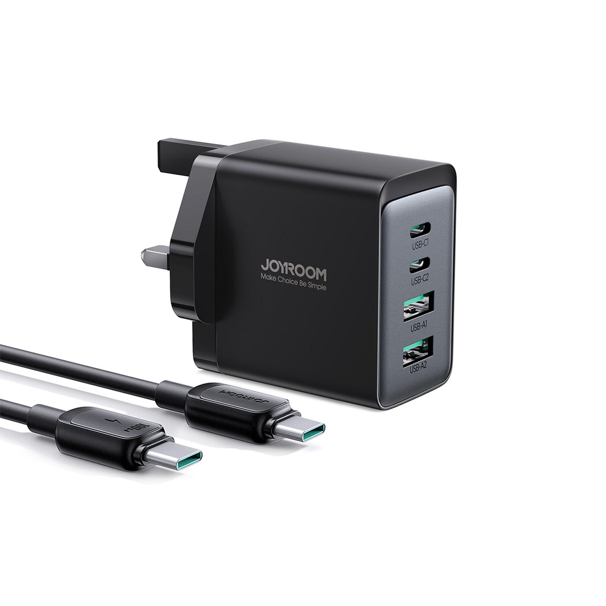 Carregador de rede Joyroom TCG02 PD USB-C USB-A 67W GaN (UK) + cabo USB-C - preto