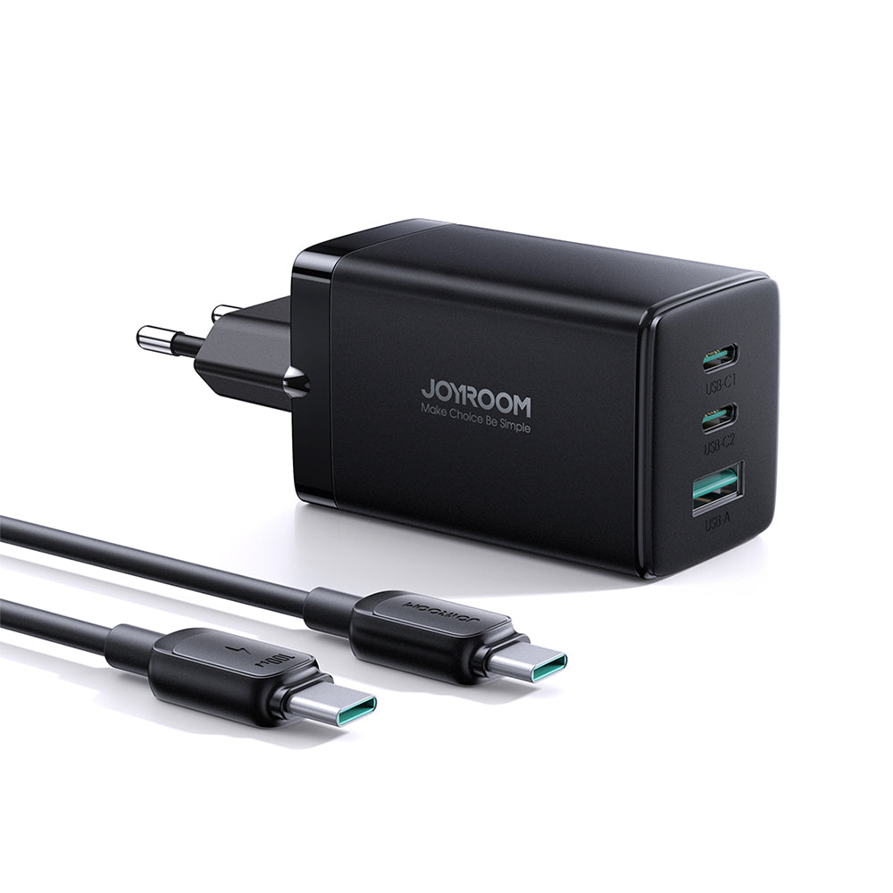 Joyroom carregador rápido GaN 65W USB-A, 2x USB-C preto + cabo USB-C - USB-C 100W 1.2m (TCG01)