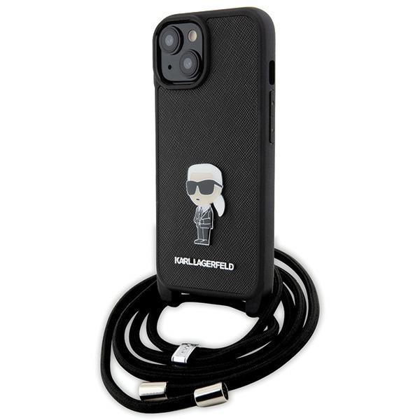 Etui Karl Lagerfeld Crossbody Saffiano Monogram Metal Pin Karl & Choupette para iPhone 15 - preto