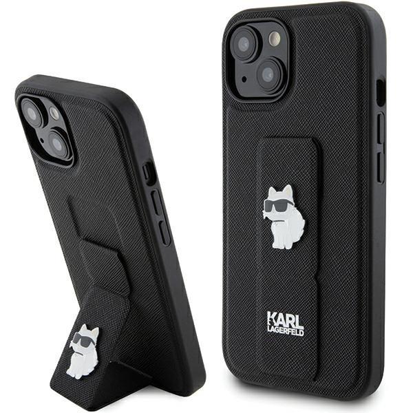 Capa Karl Lagerfeld Gripstand Saffiano Choupette Pins para iPhone 15 Plus / 14 Plus - preta