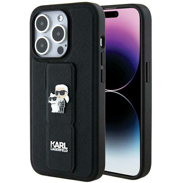 Capa Karl Lagerfeld Gripstand Saffiano Karl&Choupette Pins para iPhone 13 Pro / 13 - preta