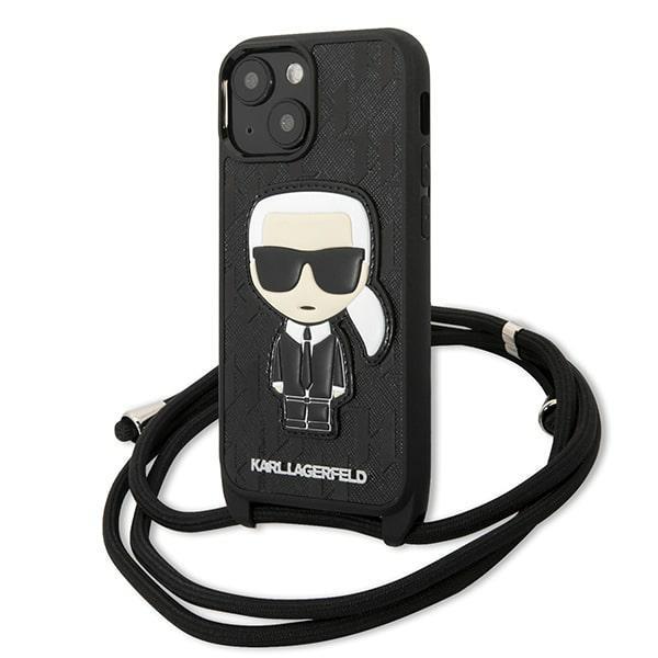 Etui Karl Lagerfeld de Couro com Monograma e Cordão Iconik para iPhone 13 mini - preto