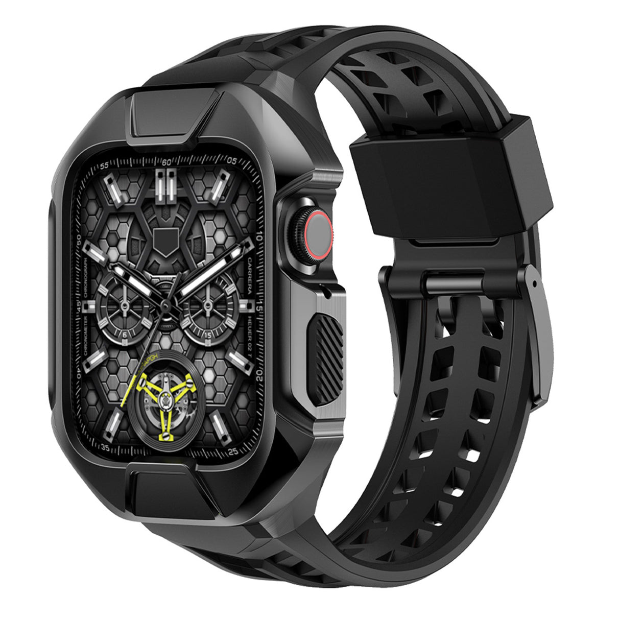 Kingxbar CYF136 2 em 1 capa blindada para Apple Watch SE, 6, 5, 4 (44 mm) de aço inoxidável com pulseira preta
