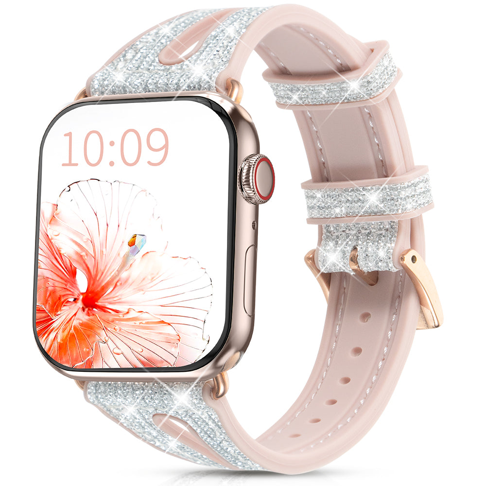 Pulseira Kingxbar New Chameleon Band para Apple Watch 9 / 8 / 7 / 6 / 5 / 4 / 3 / 2 / SE (45 / 44 / 42mm) de silicone com cristais, na cor prata