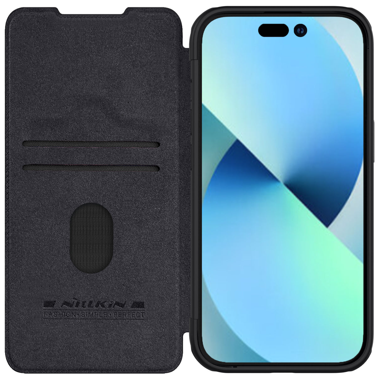 Capa de couro com aba Nillkin Qin Pro para iPhone 15 Plus - preta