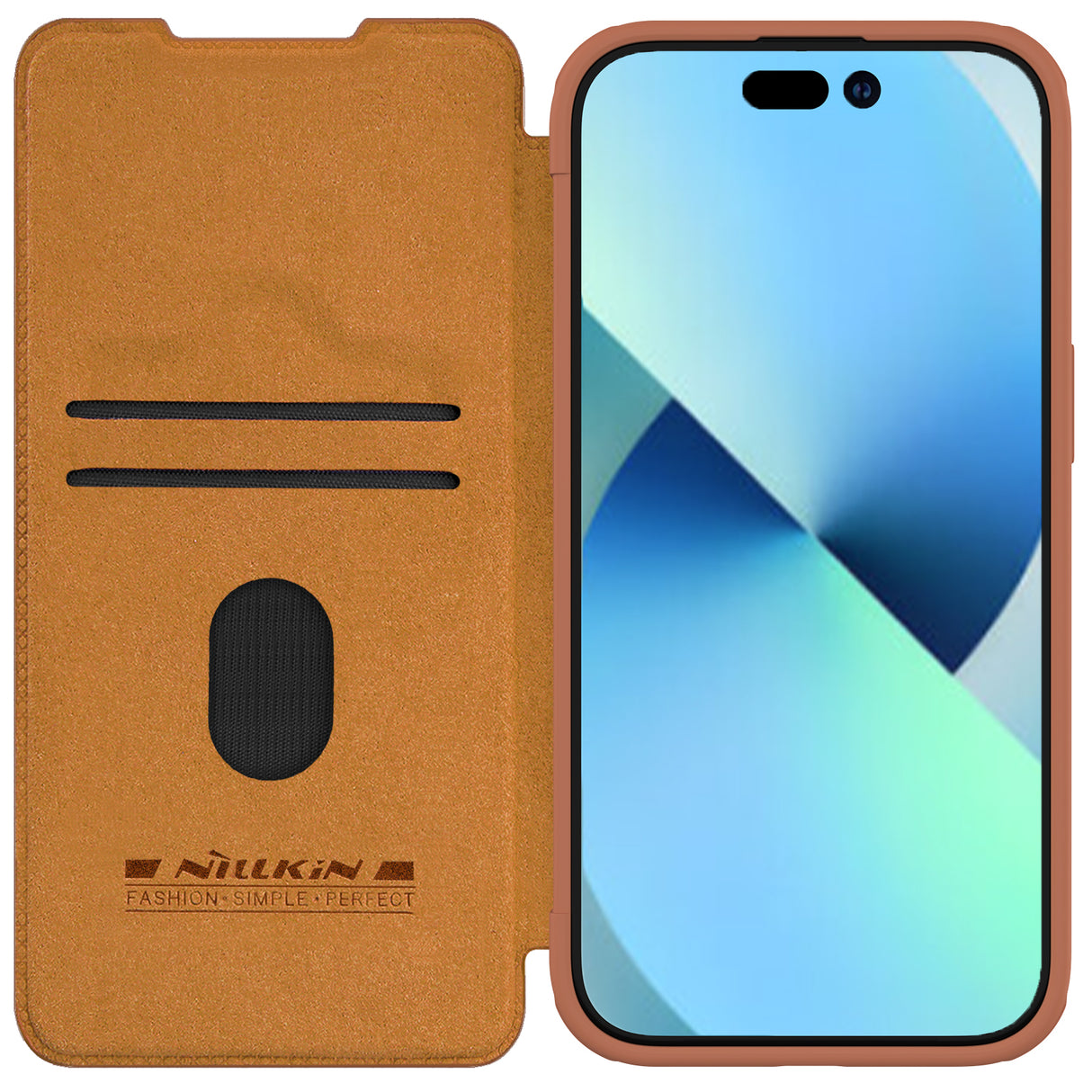 Capa de couro com aba Nillkin Qin Pro para iPhone 15 Plus - castanho