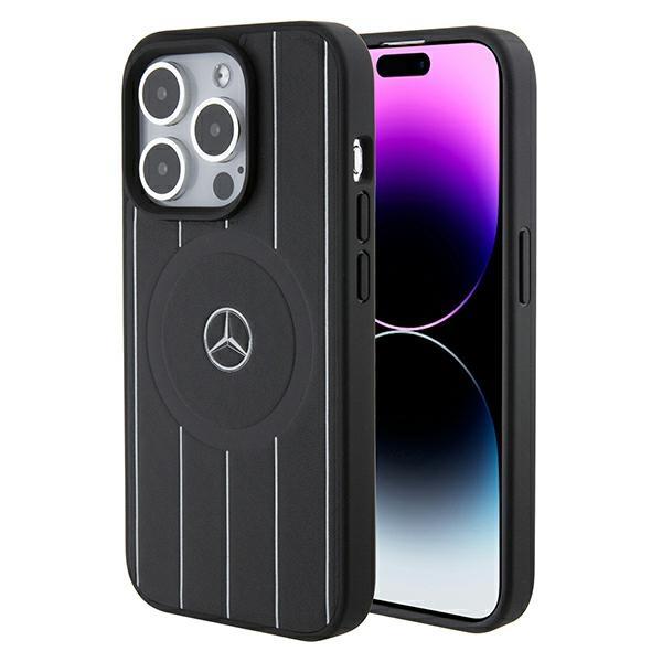 Capa Mercedes Stripes Pattern Leather MagSafe para iPhone 15 Pro - preta
