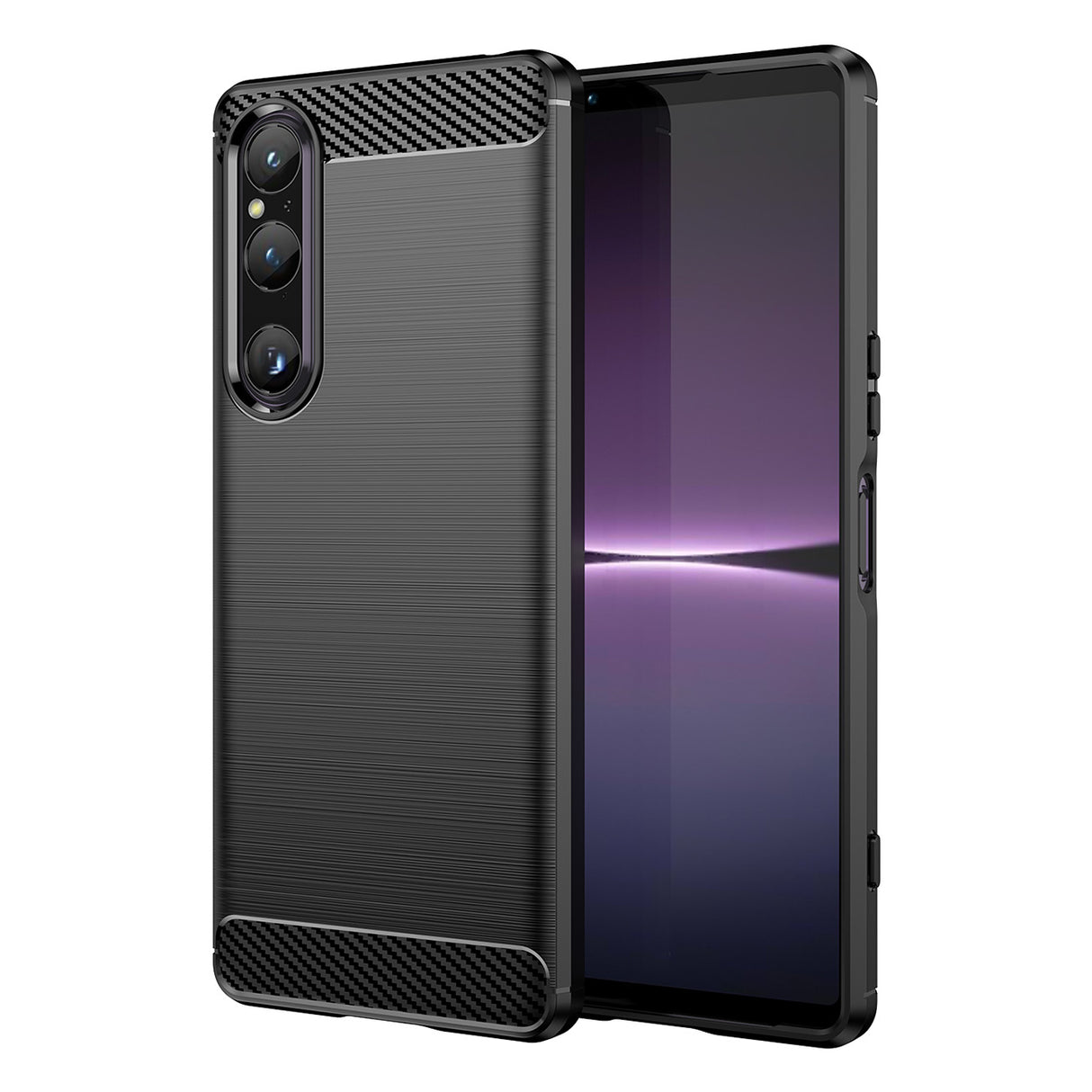 Capa de Carbono para Sony Xperia 1 V, capa protetora de silicone flexível e carbono na cor preta.
