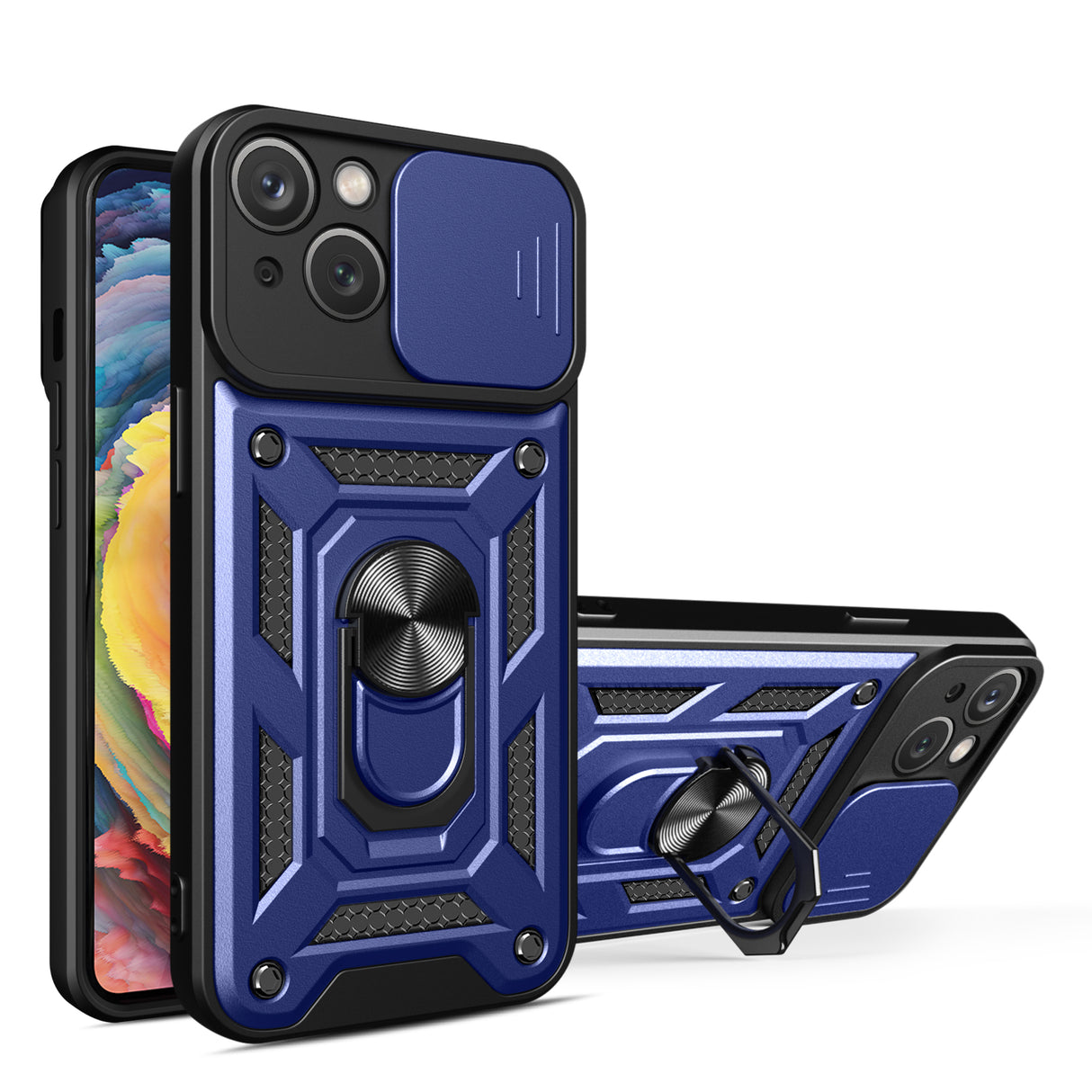 Capa blindada Hybrid Armor Camshield com suporte e proteção para câmera para iPhone 15 - azul