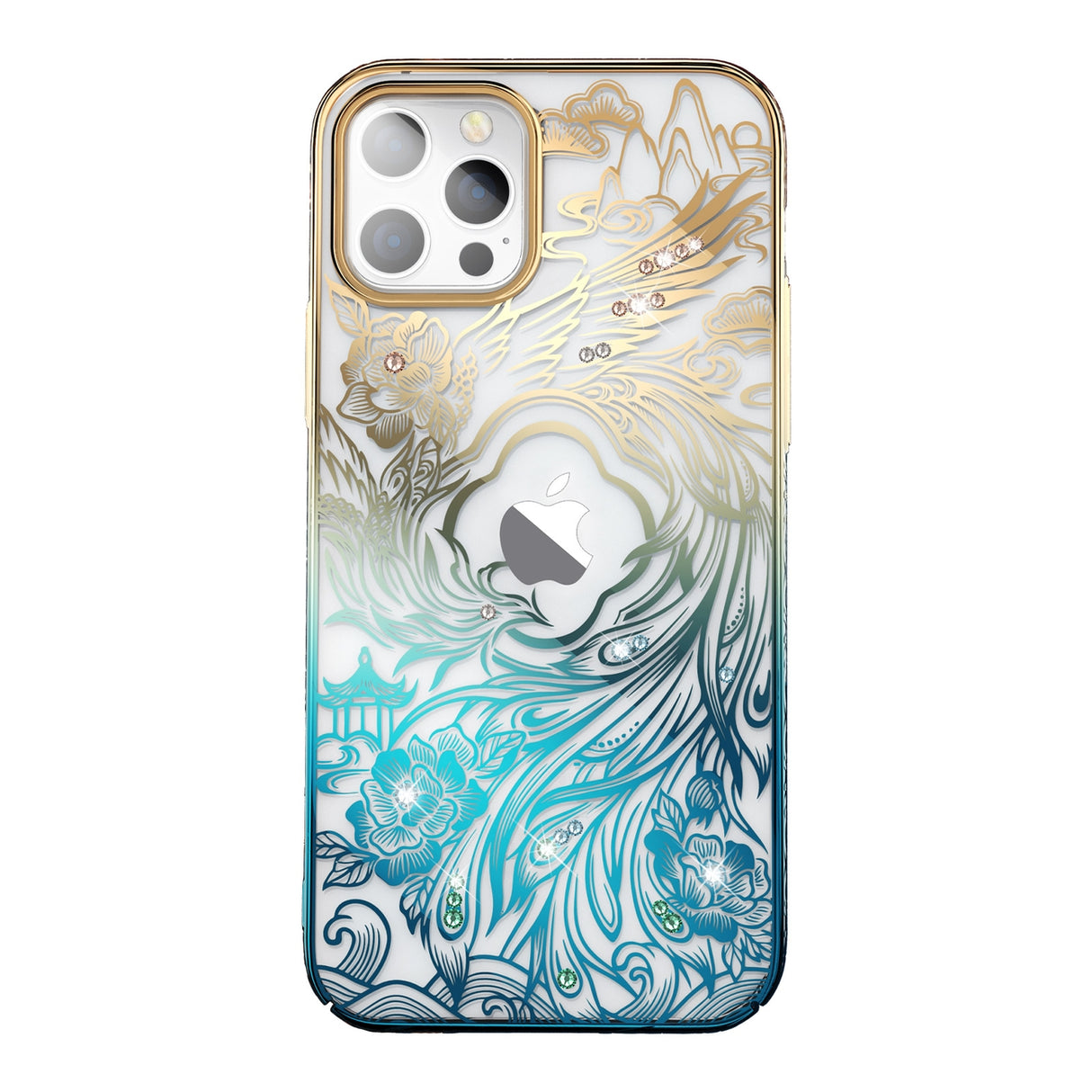 Capa de luxo para iPhone 14 Pro com cristais Kingxbar Phoenix - dourado-azul