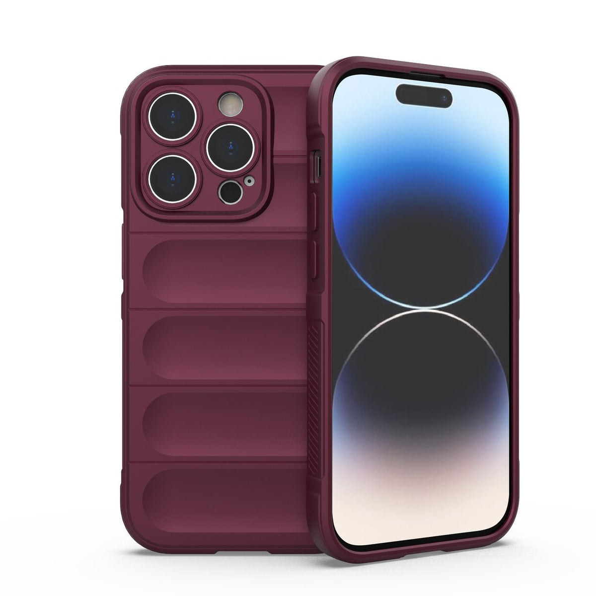 Capa Magic Shield Case para iPhone 14 Pro, flexível e resistente, na cor bordô.