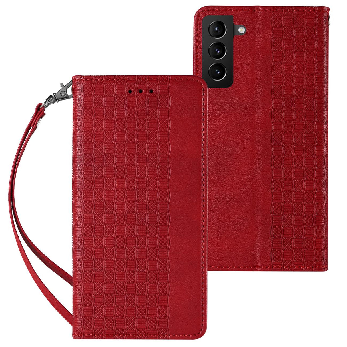 Capa com Alça Magnética para Samsung Galaxy S22+ (S22 Plus) capa carteira + mini cordão pendente vermelho