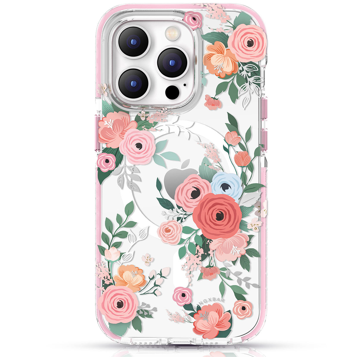 Capa magnética Kingxbar Flora Series para iPhone 14 Plus MagSafe decorada com estampa floral de rosas.