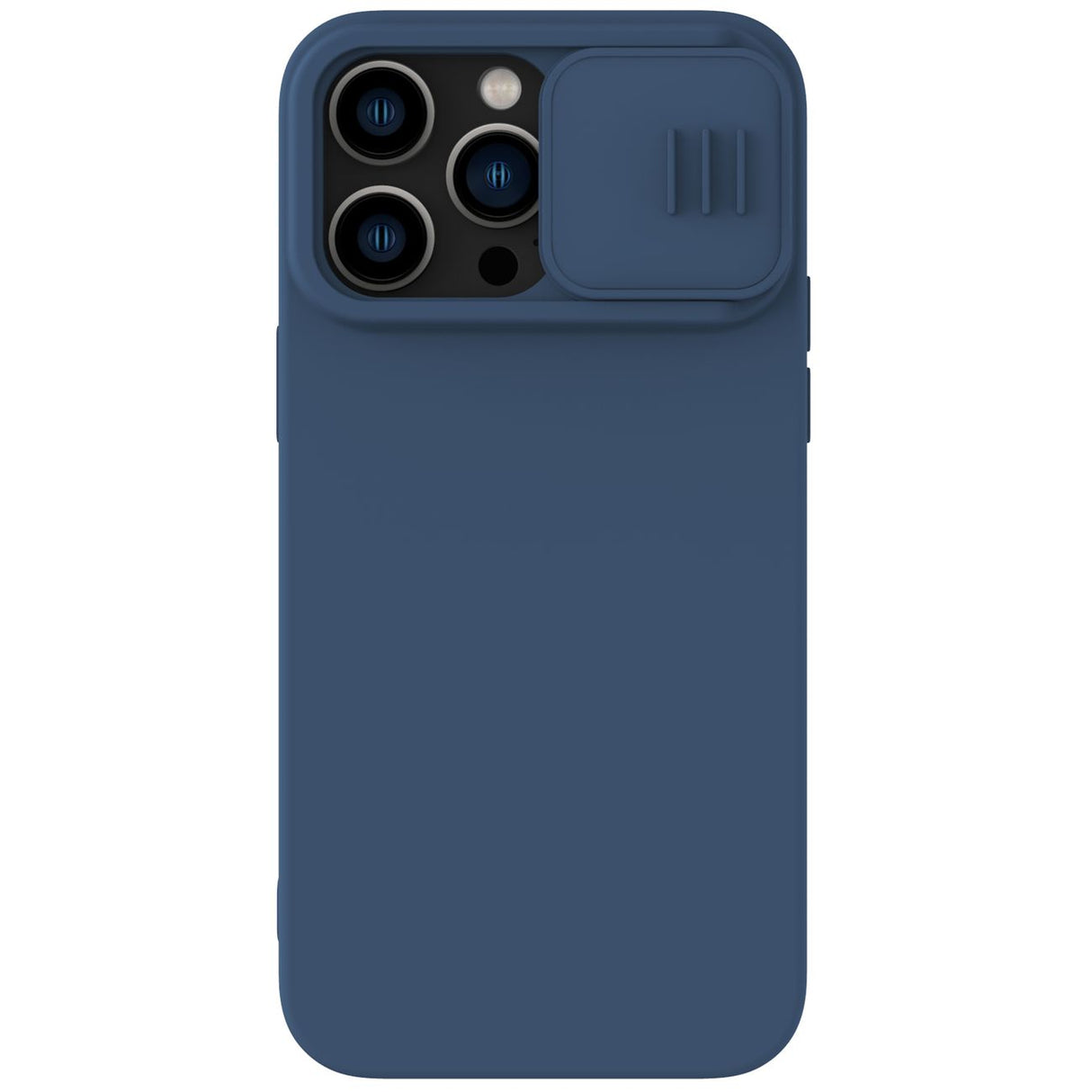 Capa de Silicone Magnética Nillkin CamShield para iPhone 14 Pro Max com MagSafe e proteção para a câmera na cor azul.