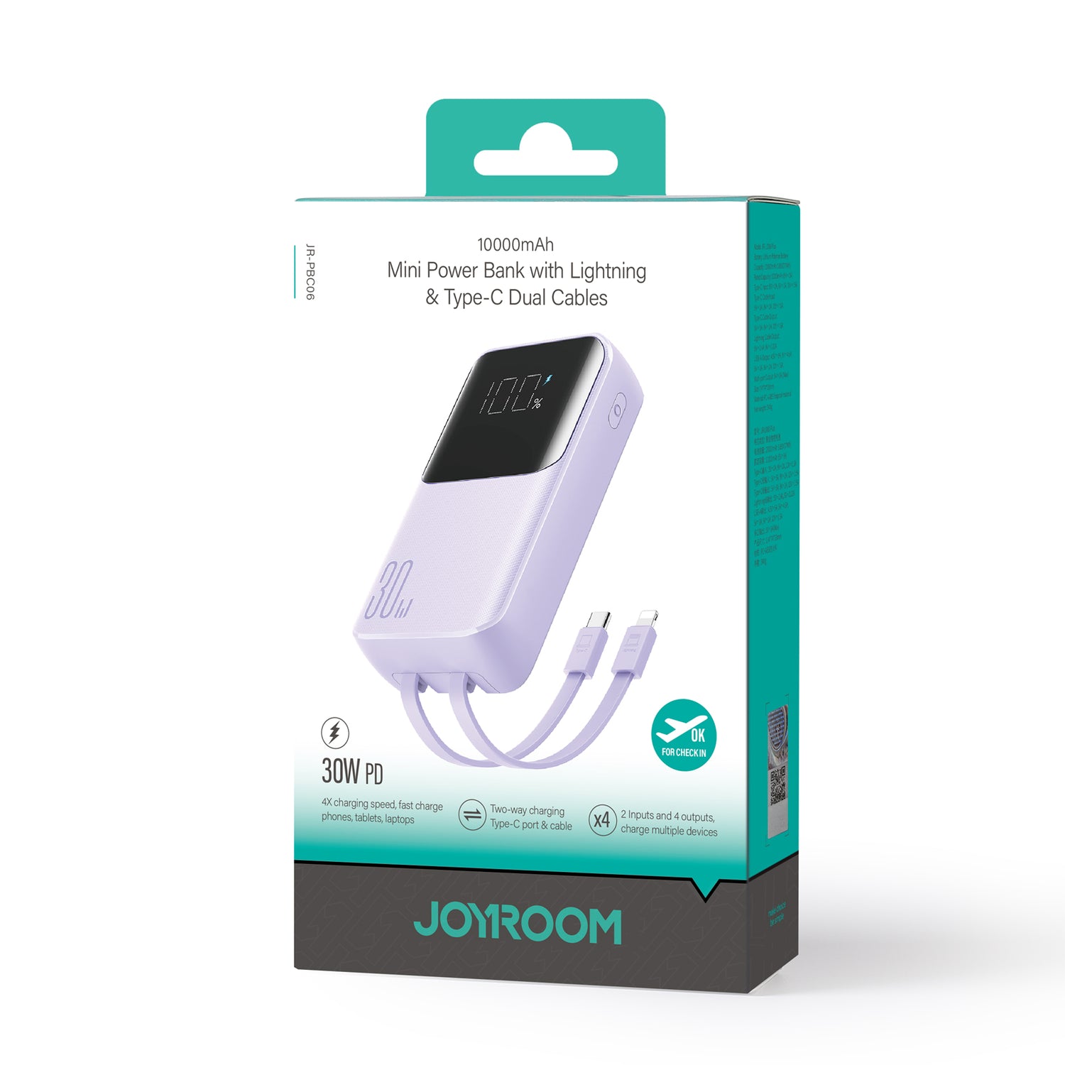 Mini powerbank Joyroom JR-PBC06 com cabos integrados USB-C / Lightning 30W 10000mAh - roxo