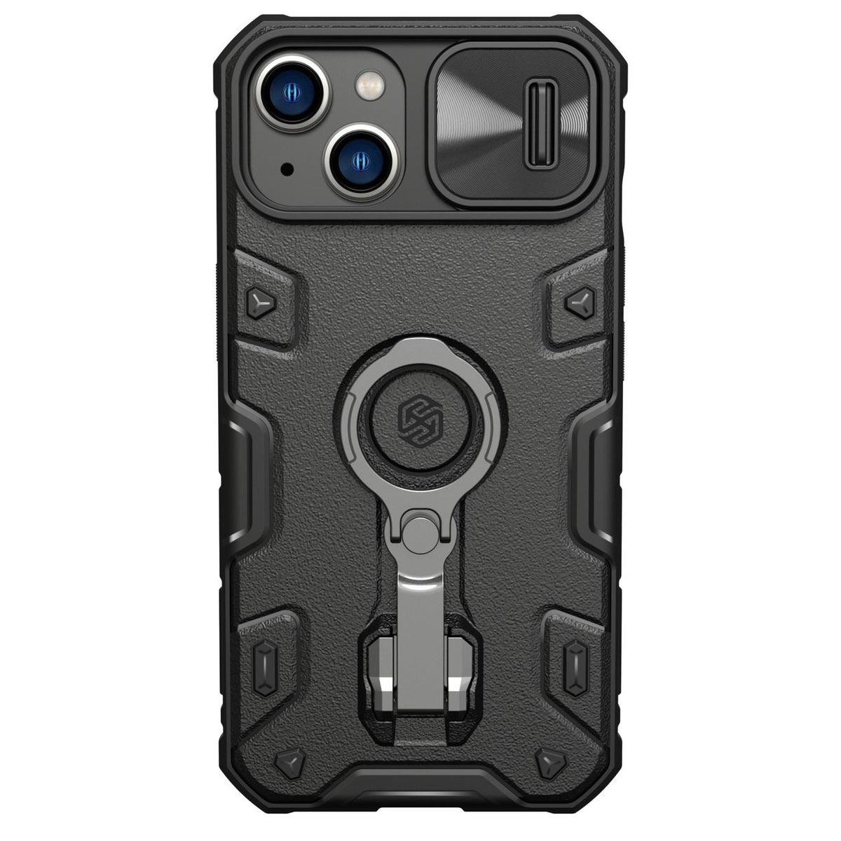 Capa Nillkin CamShield Armor Pro para iPhone 14 Plus, capa resistente com proteção para câmera e suporte anelar na cor preta.