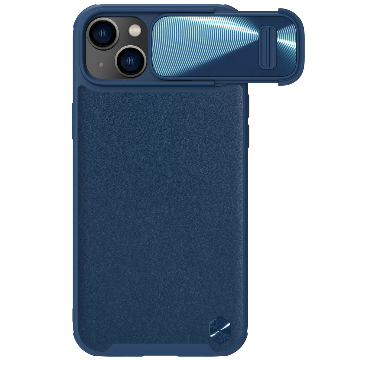 Capa de Couro Nillkin CamShield S para iPhone 14 Plus com proteção para a câmera na cor azul.