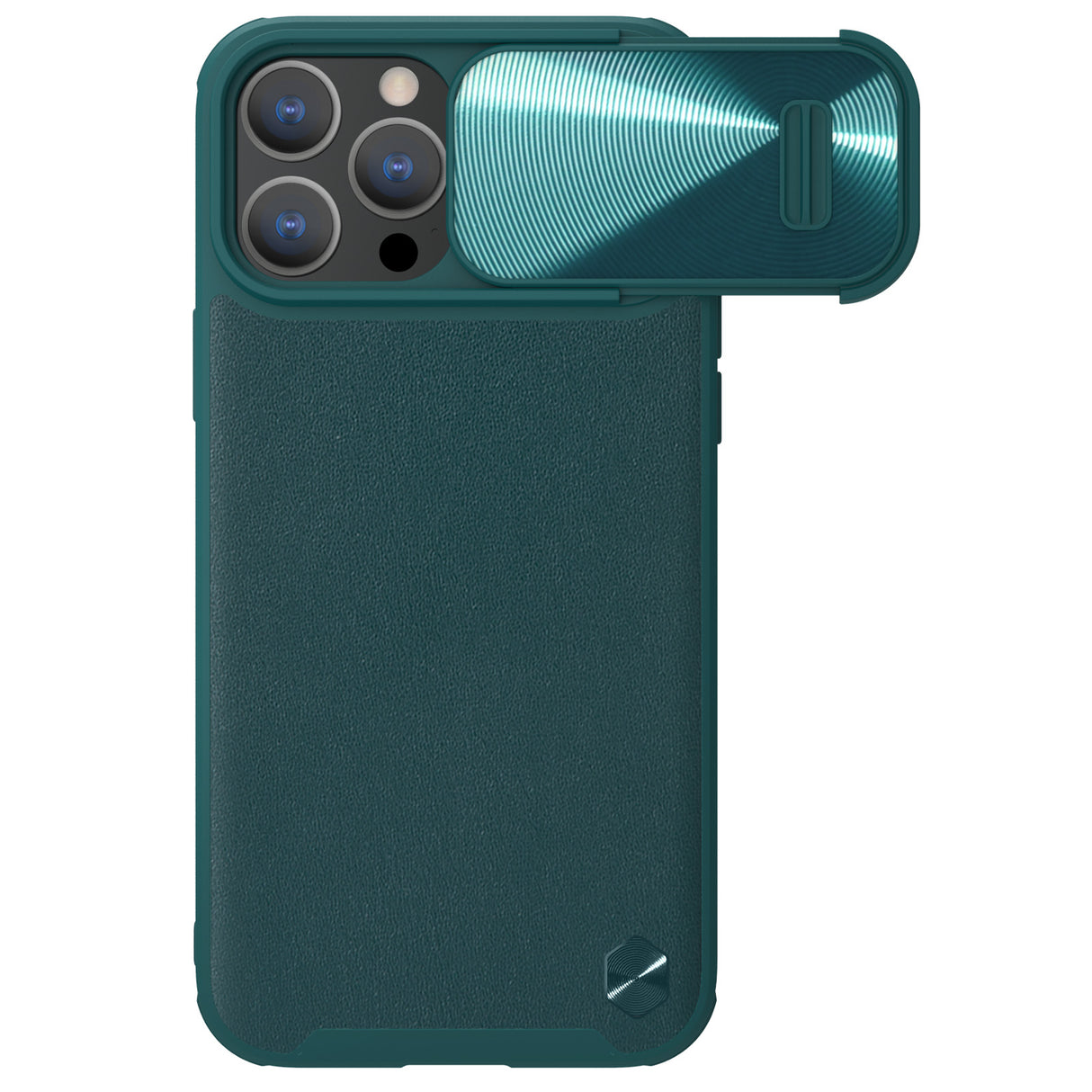 Capa de Couro Nillkin CamShield S para iPhone 14 Pro Max com proteção para a câmera na cor verde.